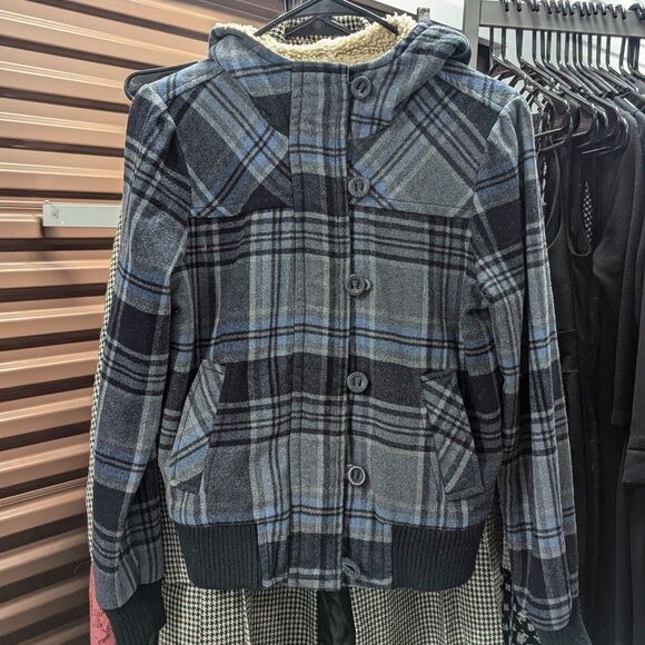 aeropostale Size Small Blue Plaid Flannel Bomber Wool Blend Coat With Hood - Picture 1 of 9